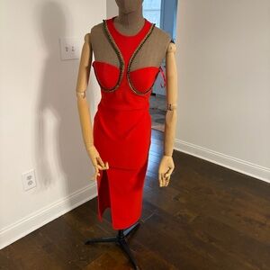 Red Sleeveless Midi Dress with Decorative Trim